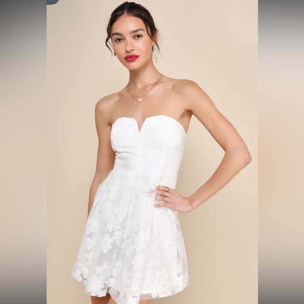 Lulus Distinctly Flirty White Floral Burnout Strapless Mini Dress